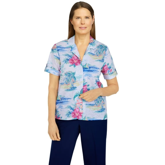 Alfred Dunner Womens  Tropical Scenic Printed Shirt