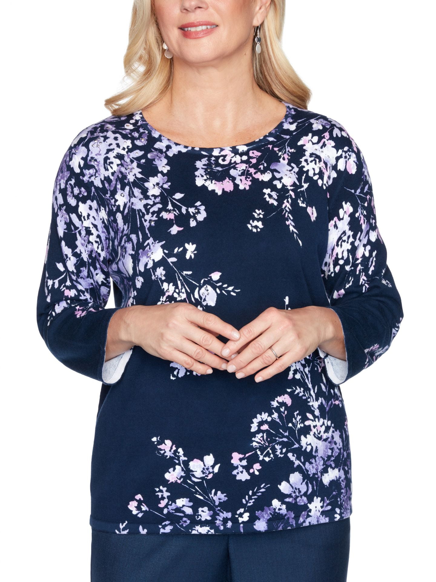Alfred Dunner Women's Wisteria Lane Asymmetric Floral Print Sweater ...