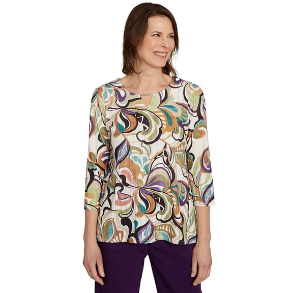 Alfred Dunner Womens Abstract Scroll Split Neck Top