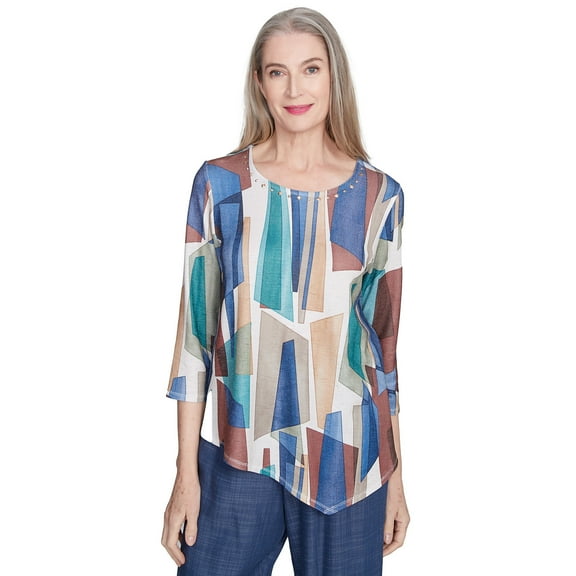 Alfred Dunner Womens Abstract Stained Glass Crew Neck Top