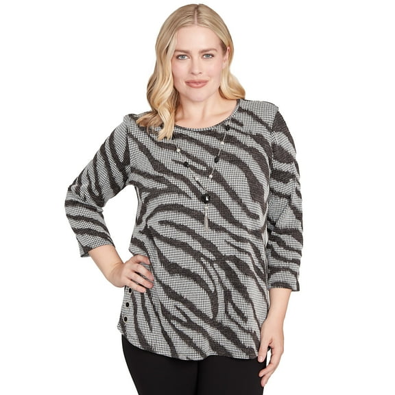 Alfred Dunner Womens Animal Houndstooth Top With Necklace