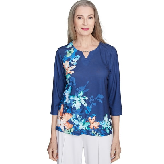 Alfred Dunner Womens Asymmetric Floral Beaded Split Neck Top