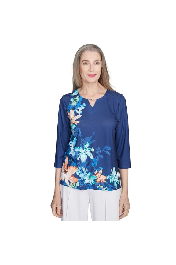 Womens Asymmetric Floral Beaded Split Neck Top