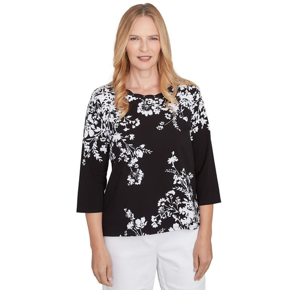 Alfred Dunner Womens Asymmetric Floral Monotone Crewneck Top