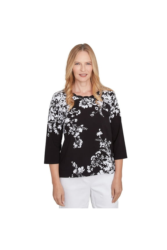 Womens Asymmetric Floral Monotone Crewneck Top