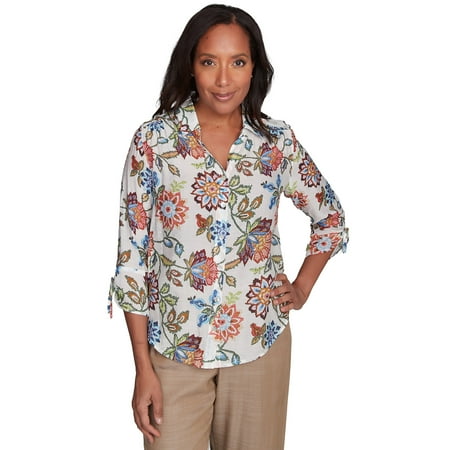 Alfred Dunner Womens Batik Floral Button Front Top