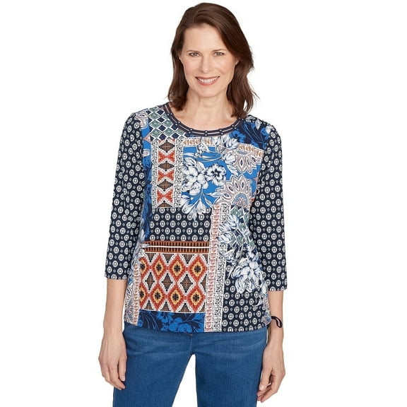 Alfred Dunner Womens Batik Patchwork Drawstring Closure Top