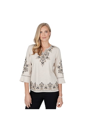 Womens Border Embroidered Split Neck Knit Top