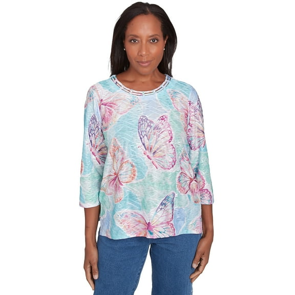 Alfred Dunner Womens Butterfly Crewneck Three Quarter Sleeves Top