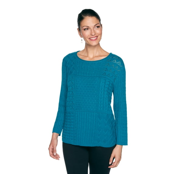 Alfred Dunner Womens Classic Mixed Stitch Patchworktextured Sweater With Jewel Neckline