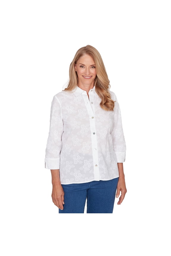 Womens Collared Flower Embroidered Button Down Top