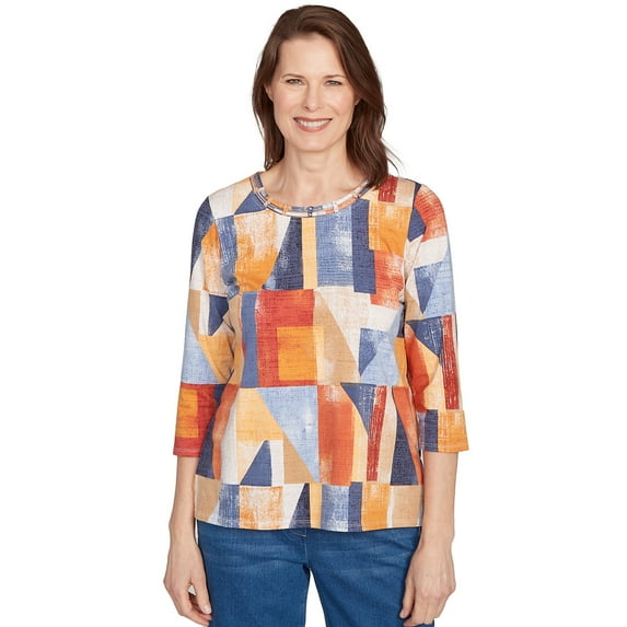 Alfred Dunner Womens Colorblock Detailed Neckline Top