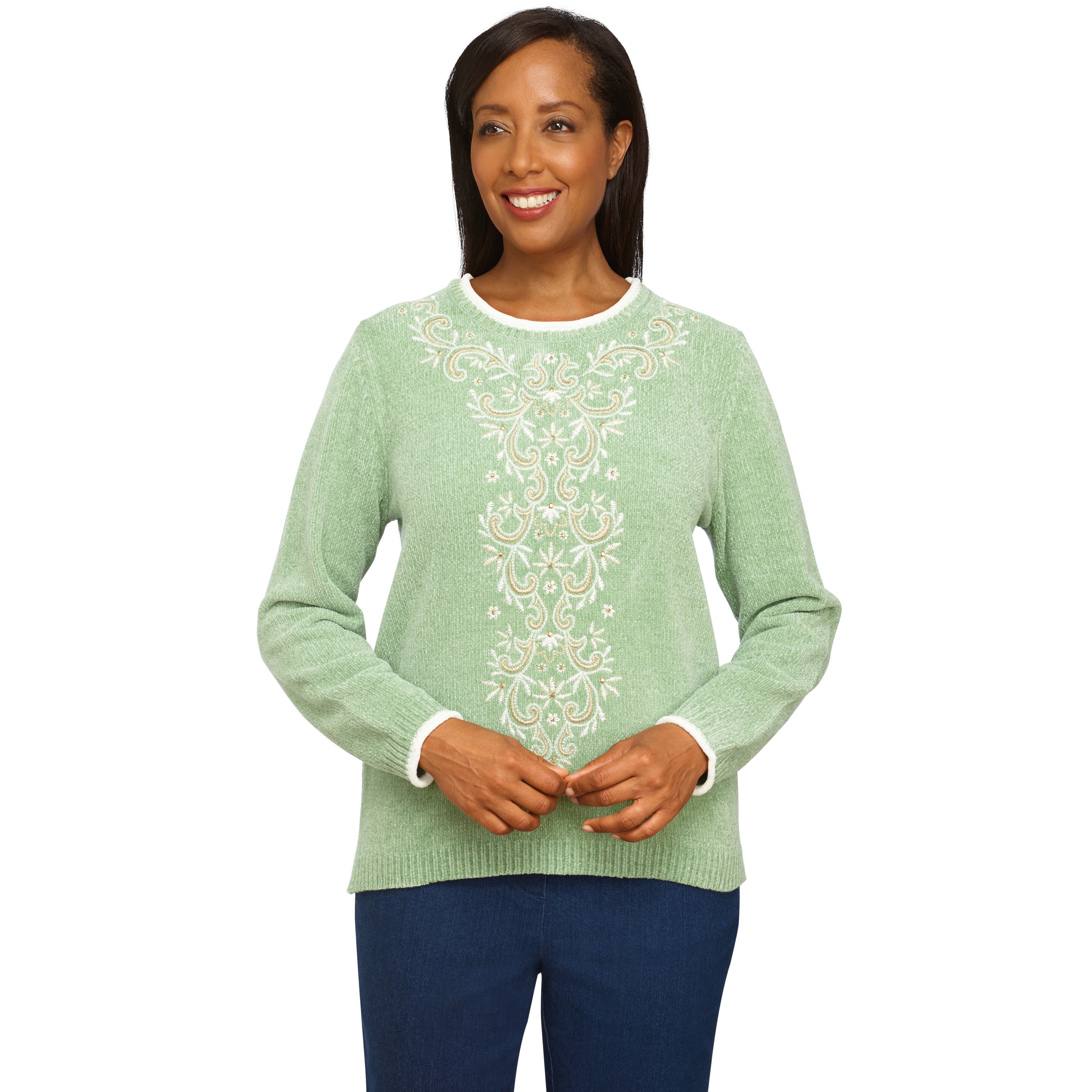 Alfred Dunner Womens Comfy Chenille Center Embroidery Soft Sweater