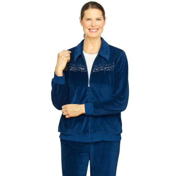 Alfred Dunner Womens  Comfy Velour Embellished Spliced Jacket