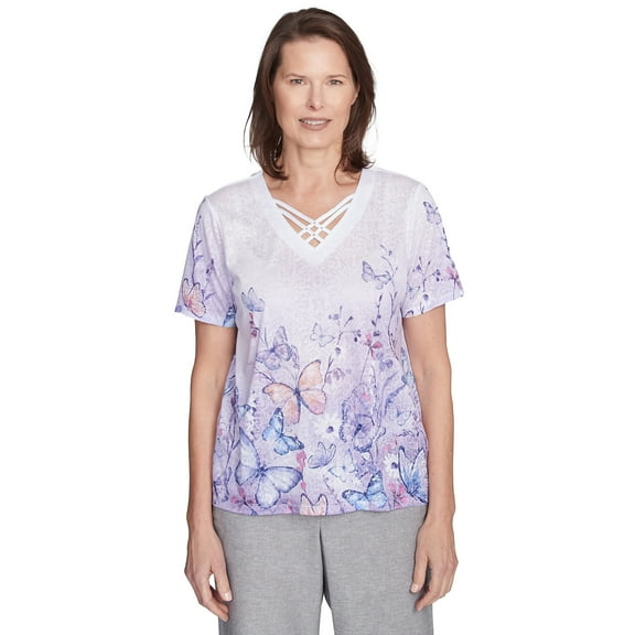 Alfred Dunner Womens Criss Cross Ombre Butterfly Tee