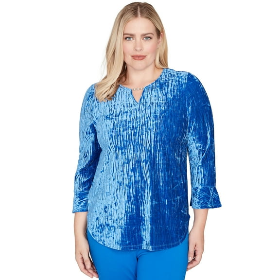 Alfred Dunner Womens Crushed Velvet Keyhole Bell Sleeve Top