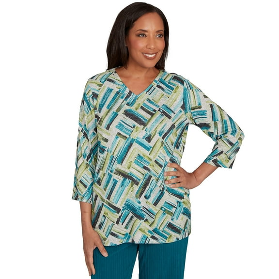 Alfred Dunner Womens Detailed V Neck Brushstroke Top