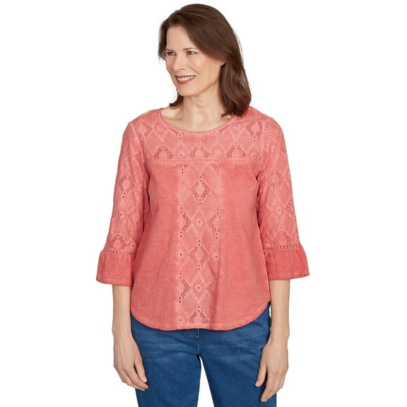 Alfred Dunner Womens Diamond Textured Spliced Bell Sleeve Top