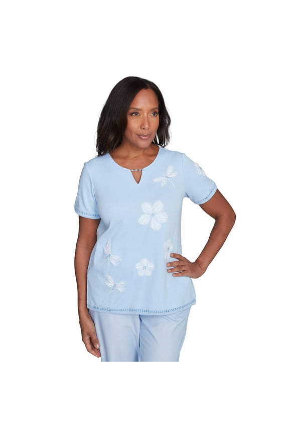 Womens Dragonfly Flower Applique Tee