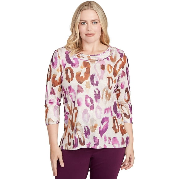 Alfred Dunner Womens Dramatic Animal Three Quarter Sleeve Top