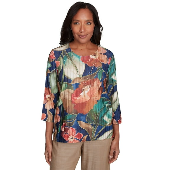 Alfred Dunner Womens Dramatic Summer Floral Top With Necklace