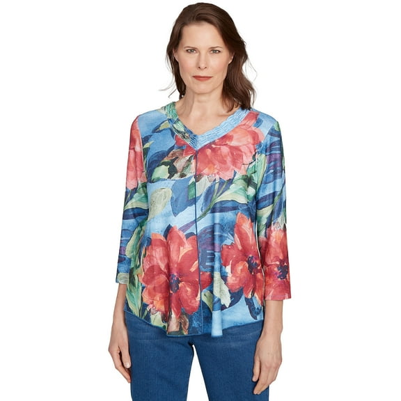 Alfred Dunner Womens Dramatic V-Neck Floral Top