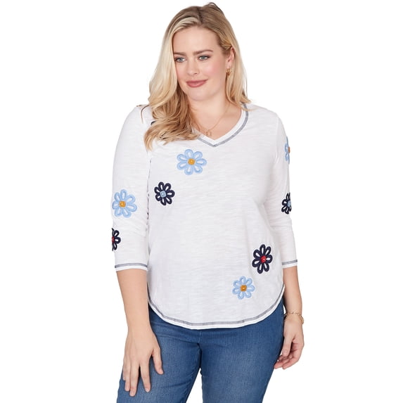Alfred Dunner Womens Embellished Floral Button Top