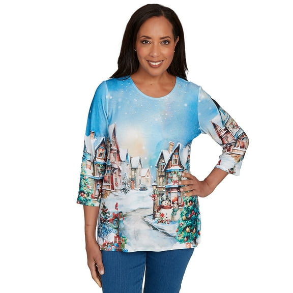 Alfred Dunner Womens Embellished Snow Cabin Village Scene Top