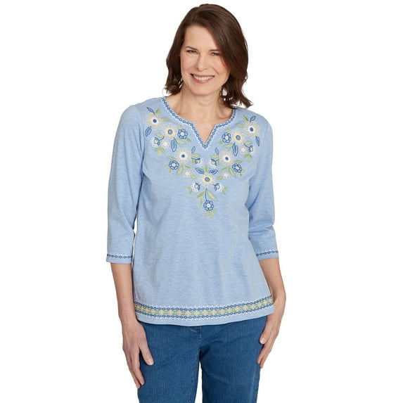 Alfred Dunner Womens Embroidered Daisy Split Neckline Top