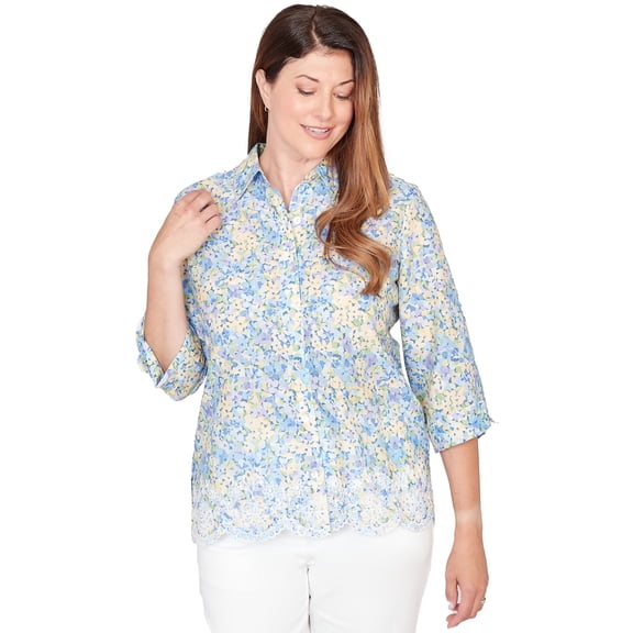 Alfred Dunner Womens Embroidered Floral Border Button Down Top