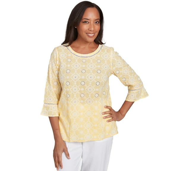 Alfred Dunner Womens Embroidered Floral Eyelet Bell Sleeve Top