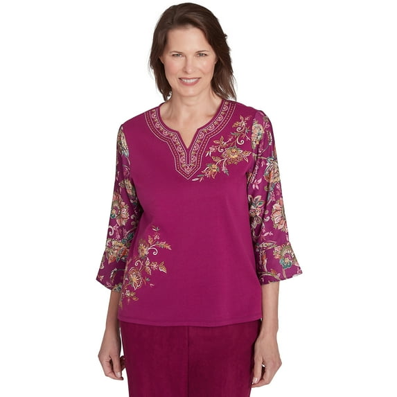 Alfred Dunner Womens Embroidered Floral Sleeve Split Neck Top