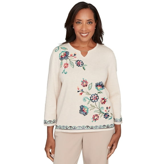 Alfred Dunner Womens Embroidered Floral Three-Quarter Sleeve Sweater