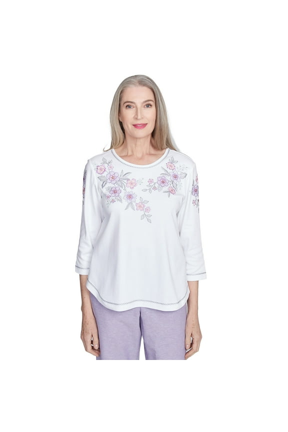 Womens Embroidered Flower Neckline Top