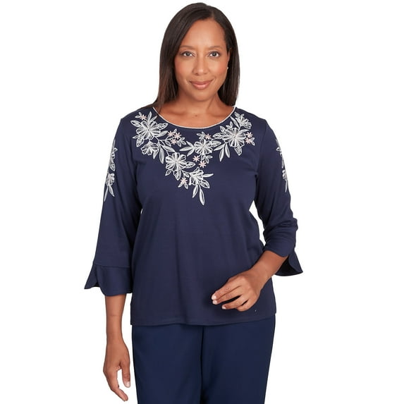 Alfred Dunner Womens Embroidered Flowers Flutter Sleeve Top