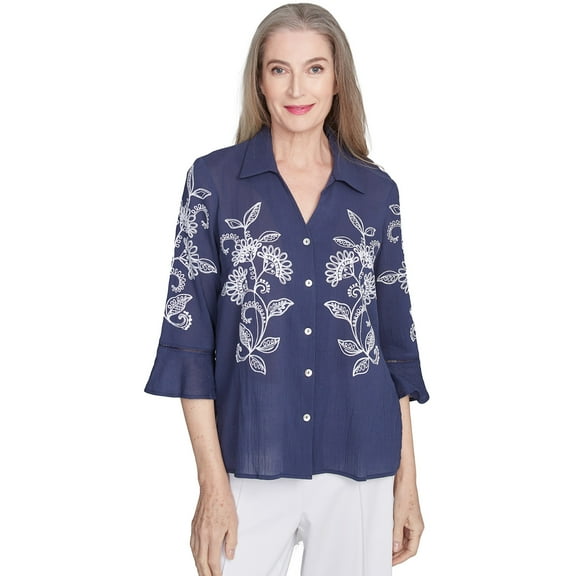 Alfred Dunner Womens Embroidered Marine Button Front Top