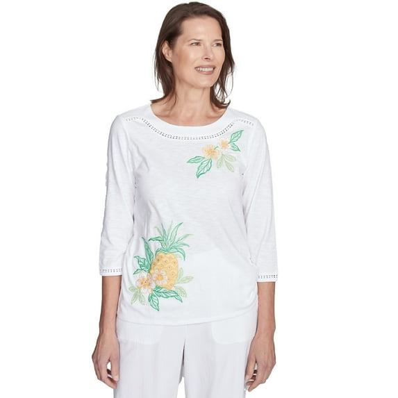 Alfred Dunner Womens Embroidered Pineapple Top