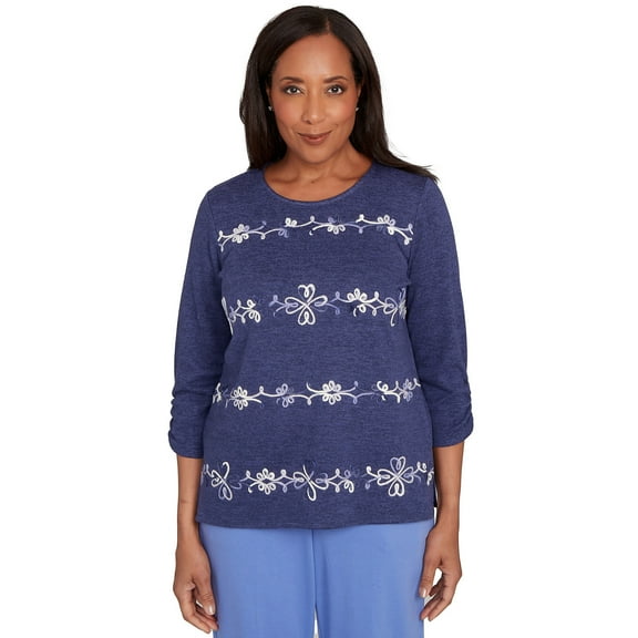 Alfred Dunner Womens Embroidered Scroll Ruched Sleeve Top