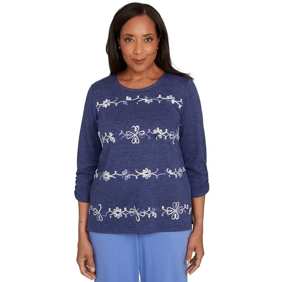 Alfred Dunner Womens Embroidered Scroll Ruched Sleeve Top