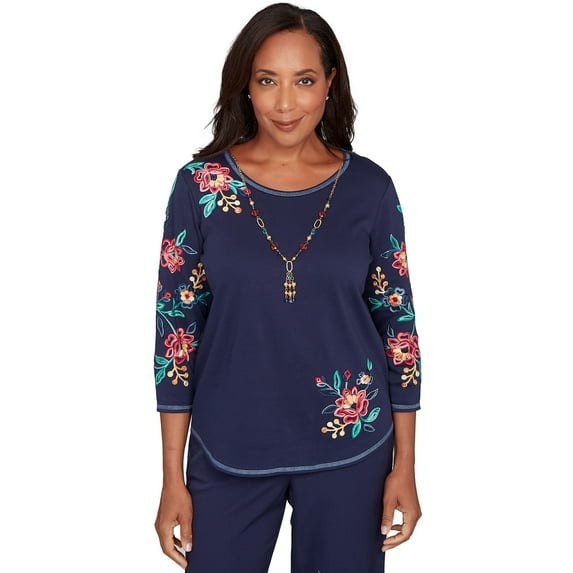 Alfred Dunner Womens Embroidered Sleeve Knit Top With Necklace