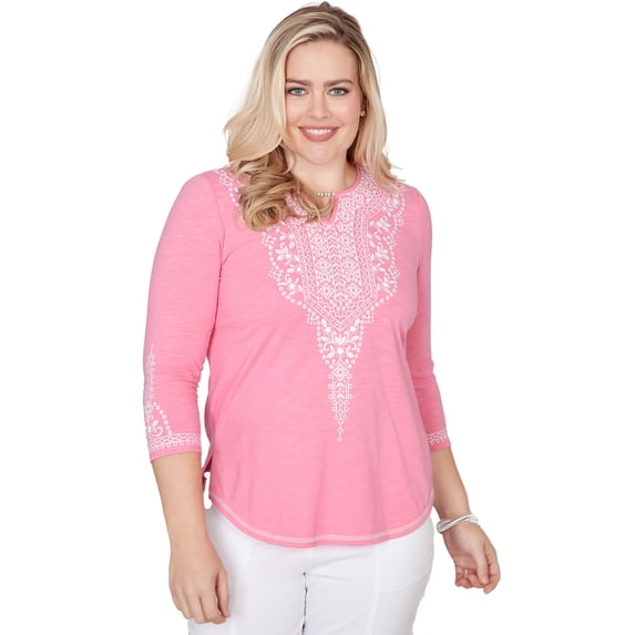 Alfred Dunner Womens Embroidered Split Neck Three Quarter Sleeve Top
