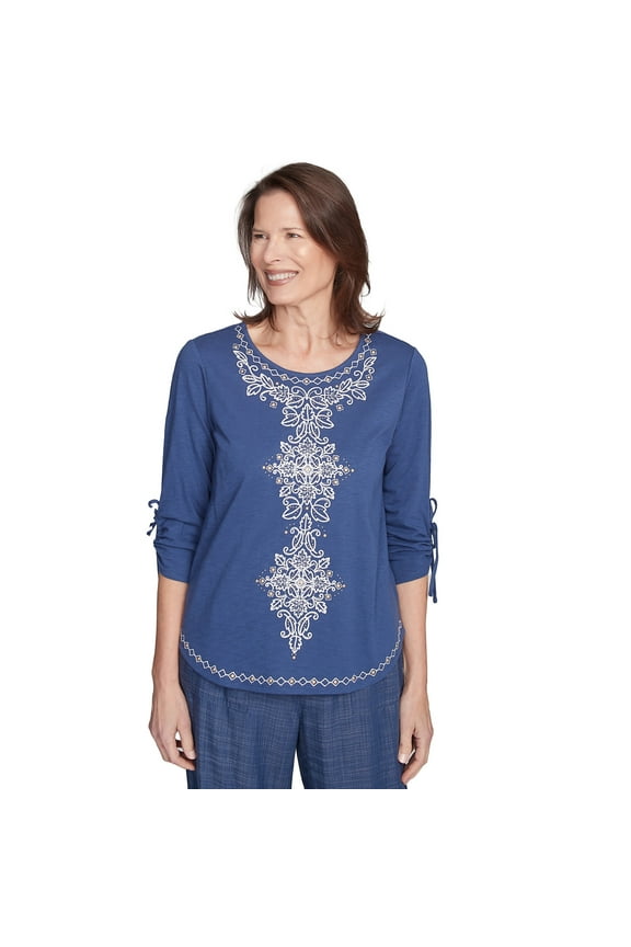 Womens Embroidery Centered Tie Sleeve Top