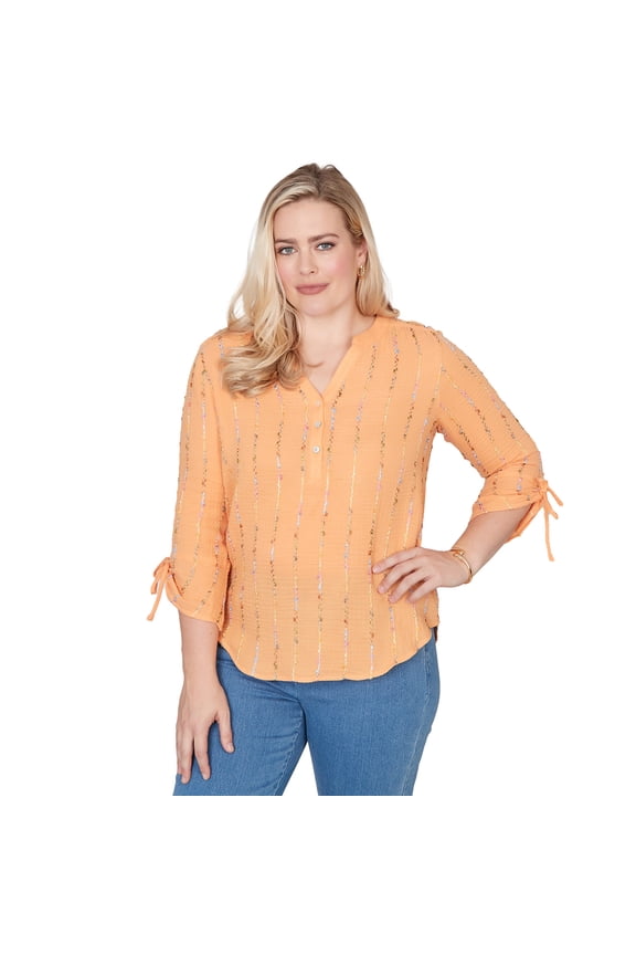 Womens Eyelash Gauze Textured Tie Sleeve Henley Top