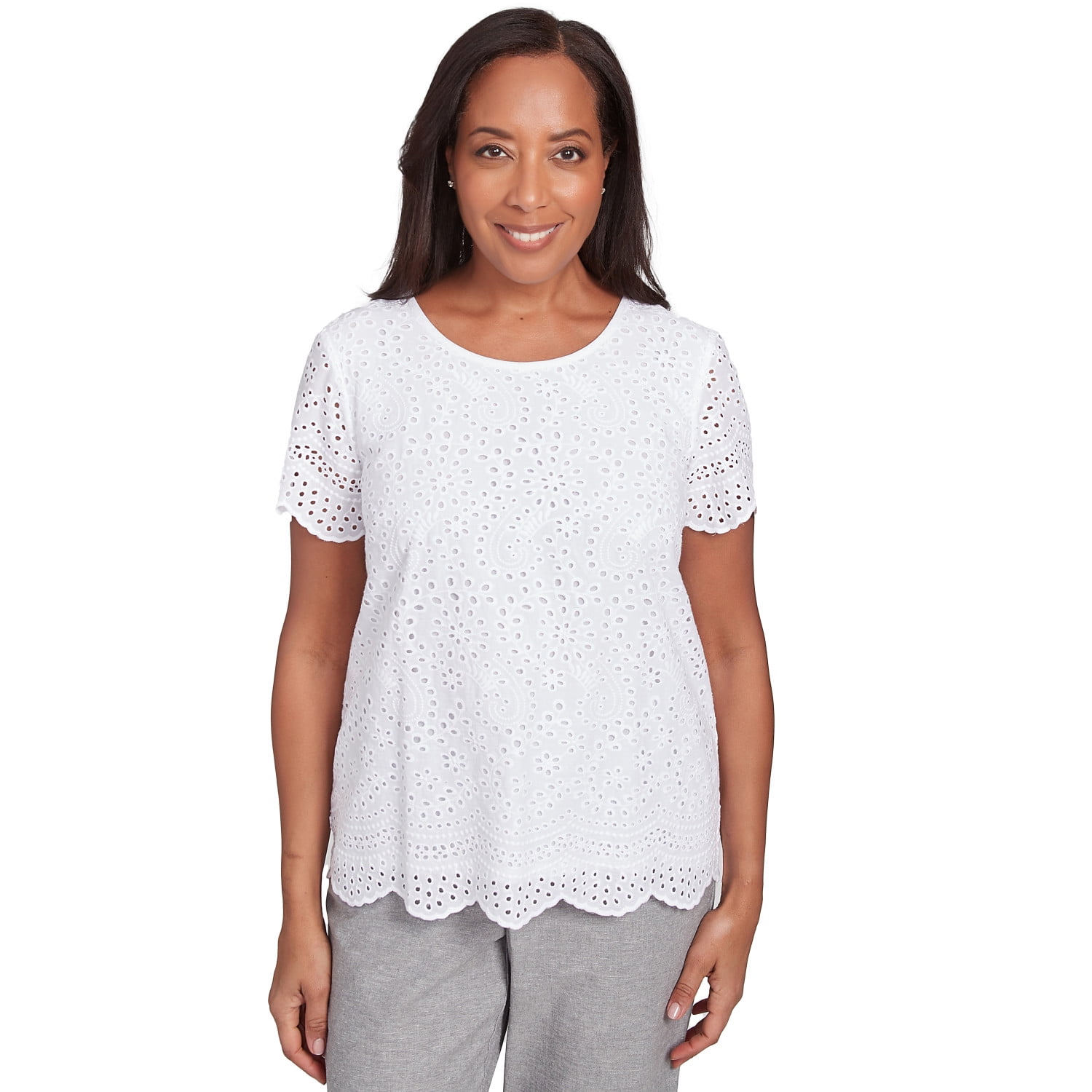 Alfred Dunner Solid Eyelet Sleeve Tee with Necklace - Plus main image 1