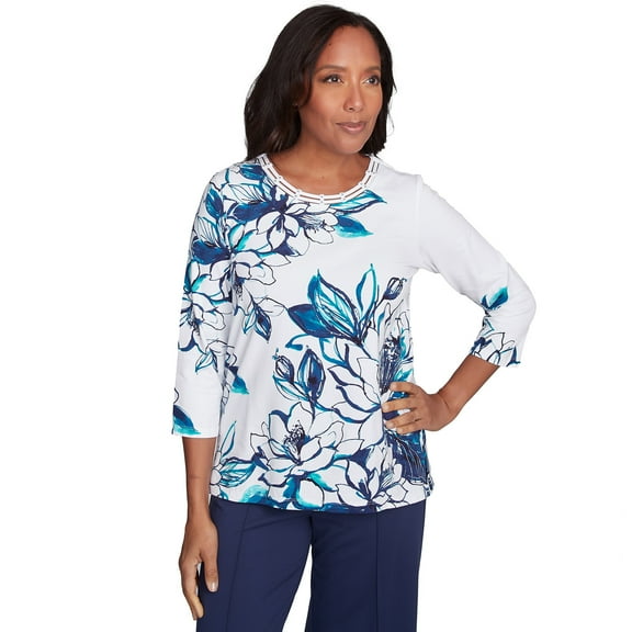 Alfred Dunner Womens Fineline Floral Three Quarter Sleeve Top