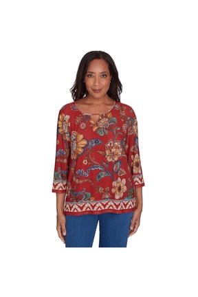 Womens Floral Border Mesh Split Neck Top
