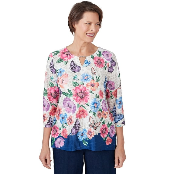 Alfred Dunner Womens Floral Butterfly Border Split Neck Top