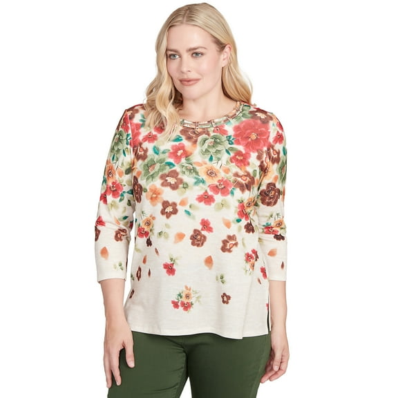 Alfred Dunner Womens Floral Detailed Neck Top