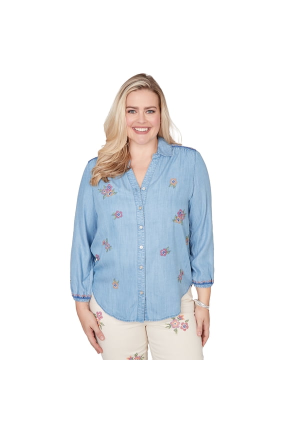 Womens Floral Embroidered Button Front Top