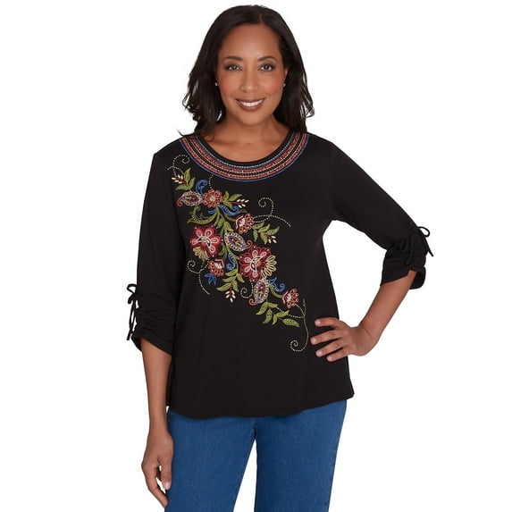 Alfred Dunner Womens Floral Embroidered Detail Crew Neck Drawstring Sleeve Top